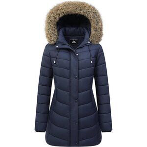 Women's Navy Puffer Hooded Jacket Coat Winter Warm Fleece Lined Detachable